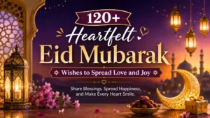 120+ heartfelt Eid Mubarak wishes banner with lanterns, crescent moon, mosque silhouette, and festive Islamic decorations