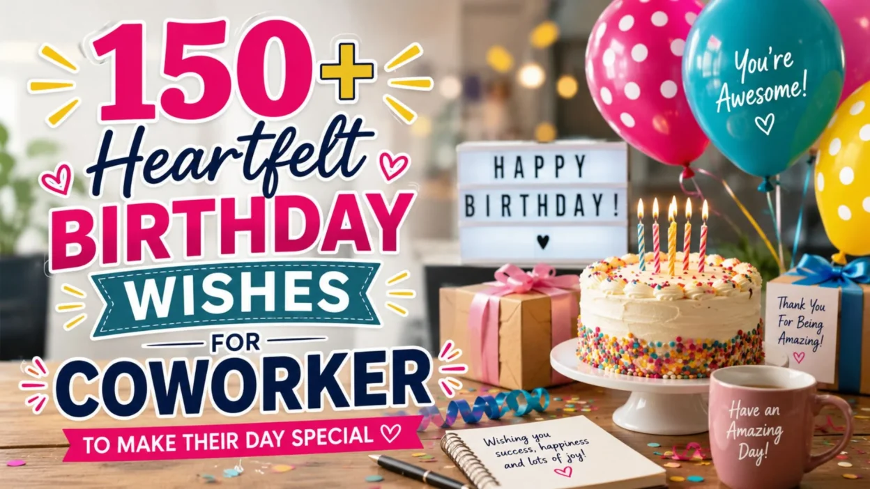 Colorful office birthday celebration banner with birthday wishes for coworker, cake, balloons, gifts, and festive decorations