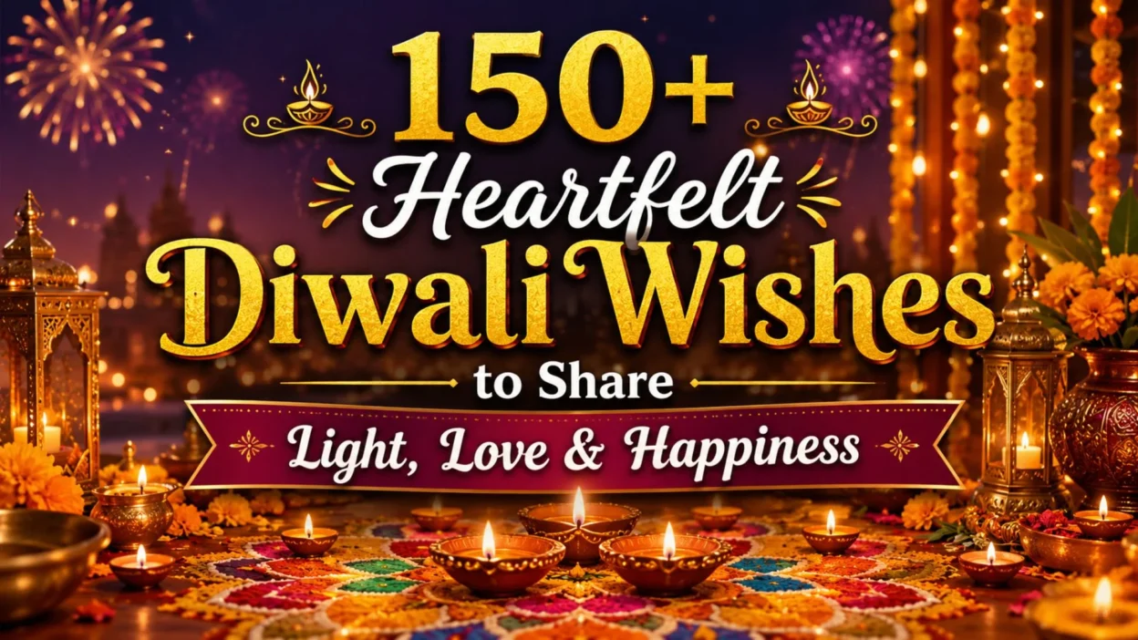 150+ heartfelt Diwali wishes banner with diyas, fireworks, rangoli, and festive lights celebrating love and happiness