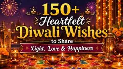150+ heartfelt Diwali wishes banner with diyas, fireworks, rangoli, and festive lights celebrating love and happiness