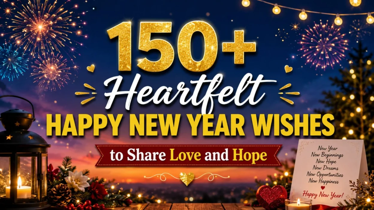 Festive Happy New Year wishes banner with fireworks, lights, and heartfelt messages about love, hope, and new beginnings