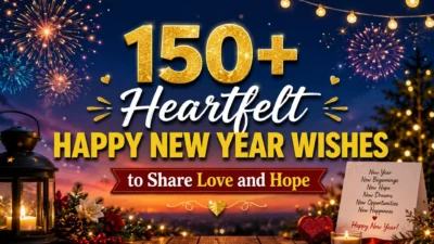 Festive Happy New Year wishes banner with fireworks, lights, and heartfelt messages about love, hope, and new beginnings