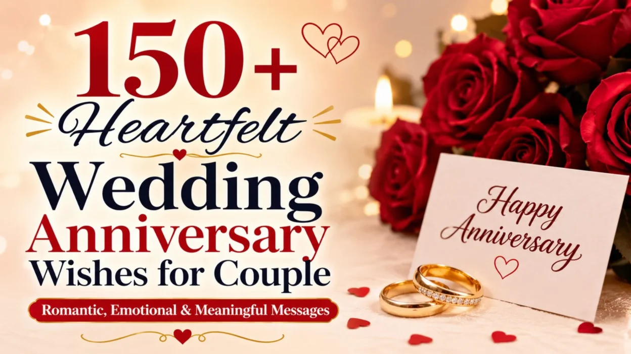 Romantic wedding anniversary wishes for couple image with roses, rings, candles, and heartfelt celebration message