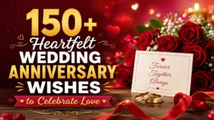 Romantic wedding anniversary wishes image with red roses, wedding rings, and heartfelt love message design