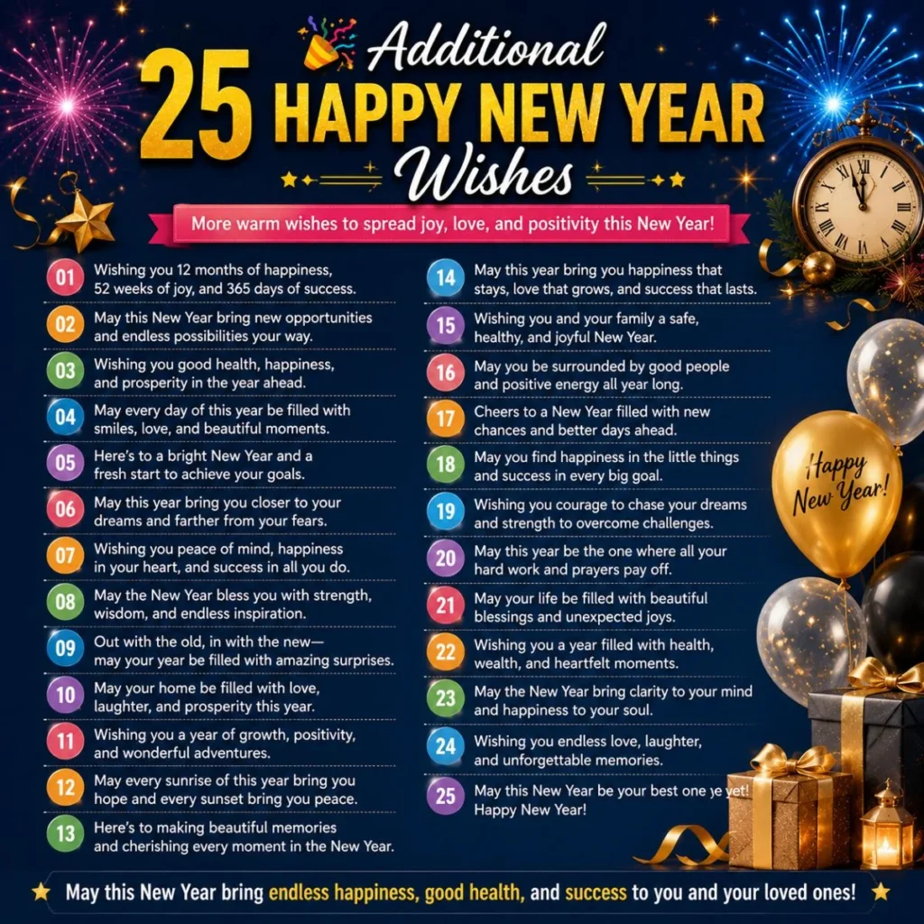 25 additional Happy New Year wishes infographic with festive decorations, fireworks, gifts, and uplifting messages