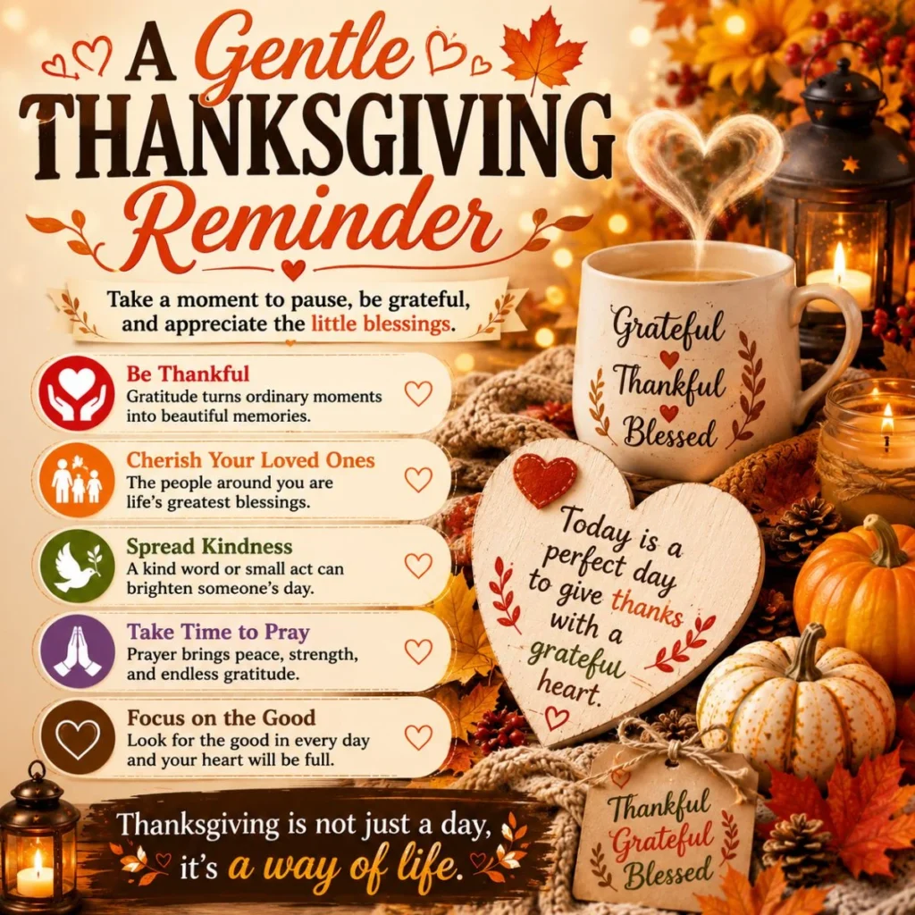 Thanksgiving reminder infographic with pumpkins, candles, gratitude quotes, and gentle reminders to be thankful