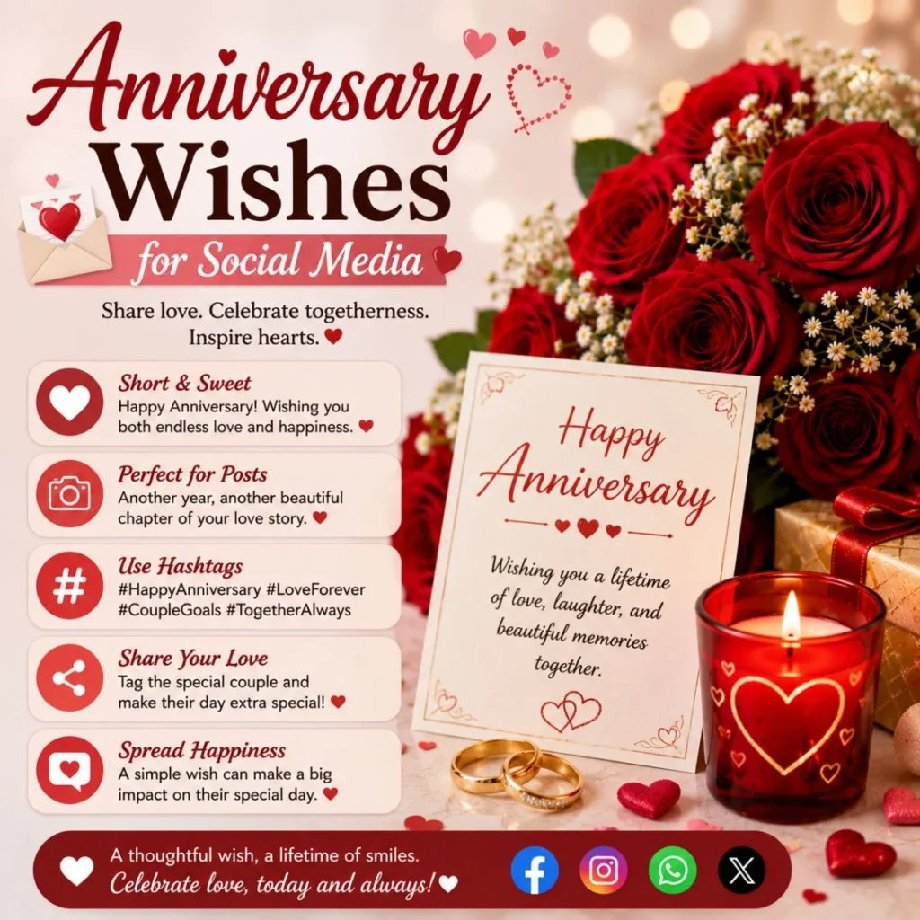 Anniversary wishes for social media with romantic roses, wedding rings, candle, and heartfelt love message