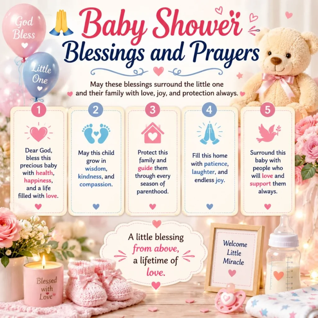 Baby shower blessings and prayers infographic with teddy bear, baby shoes, candles, and heartfelt prayers for parents-to-be