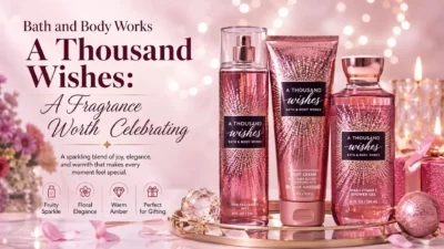 Bath and Body Works A Thousand Wishes fragrance collection with mist, body cream, and shower gel in a festive pink display