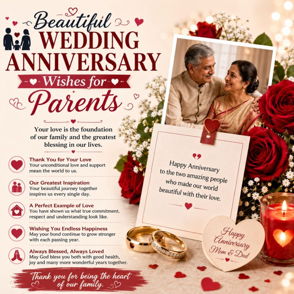 Beautiful wedding anniversary wishes for parents image with roses, rings, and a heartfelt family message