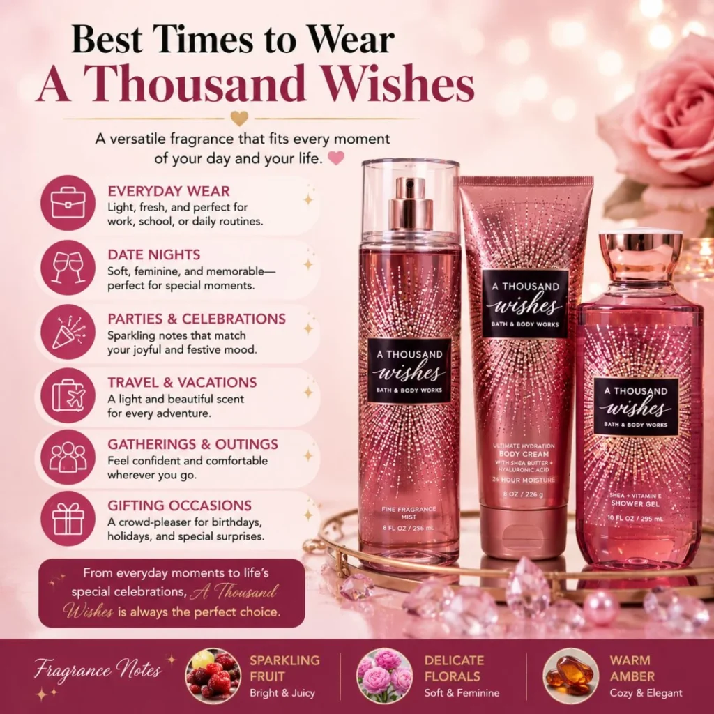 Best times to wear Bath and Body Works A Thousand Wishes for everyday wear, date nights, parties, and special occasions
