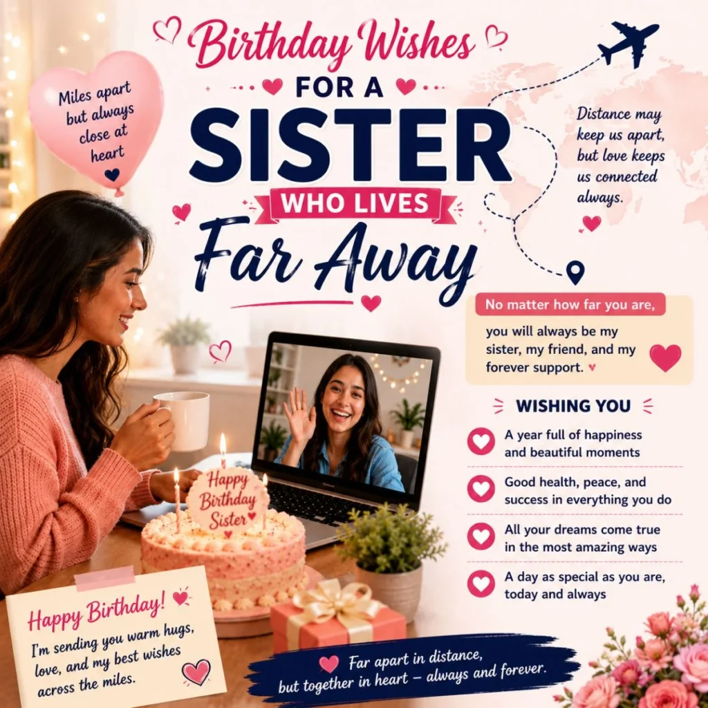 Birthday wishes for a sister who lives far away with virtual celebration, cake, and heartfelt long-distance love