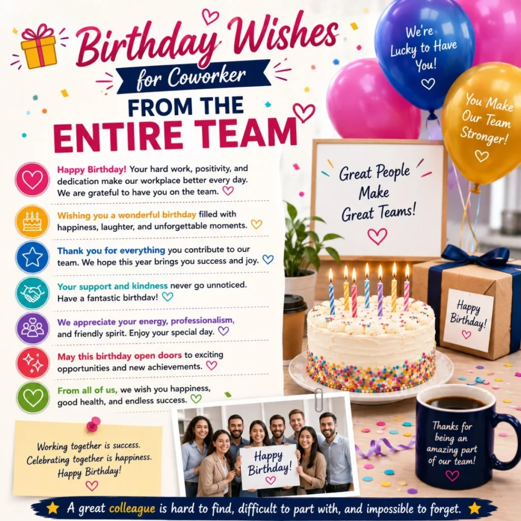 Birthday wishes for coworker from the entire team with office cake, balloons, gifts, and team appreciation messages