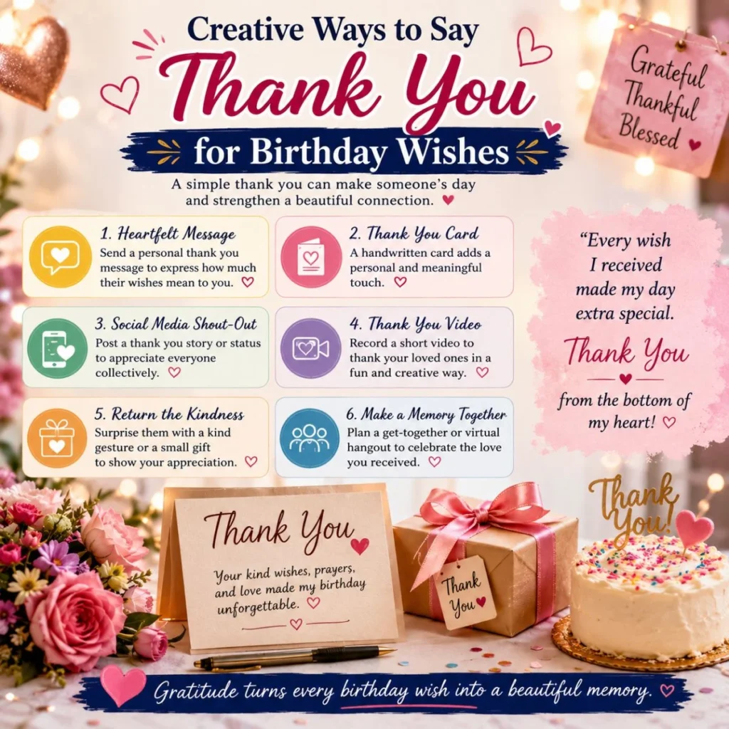 Creative ways to say thank you for birthday wishes with flowers, gifts, thank-you card, and birthday cake