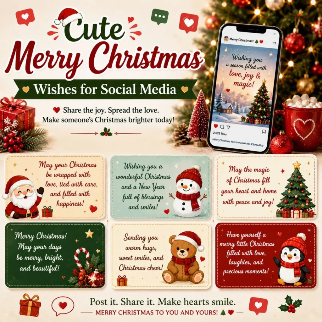 Cute Merry Christmas wishes for social media with festive phone, Christmas tree, Santa, and holiday greeting cards