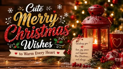 Cute Merry Christmas wishes to warm every heart with festive lantern, glowing Christmas tree, holiday decorations, and joyful cheer