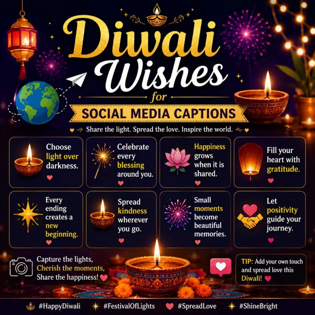Diwali wishes for social media captions with diyas, fireworks, lanterns, and festive quote ideas