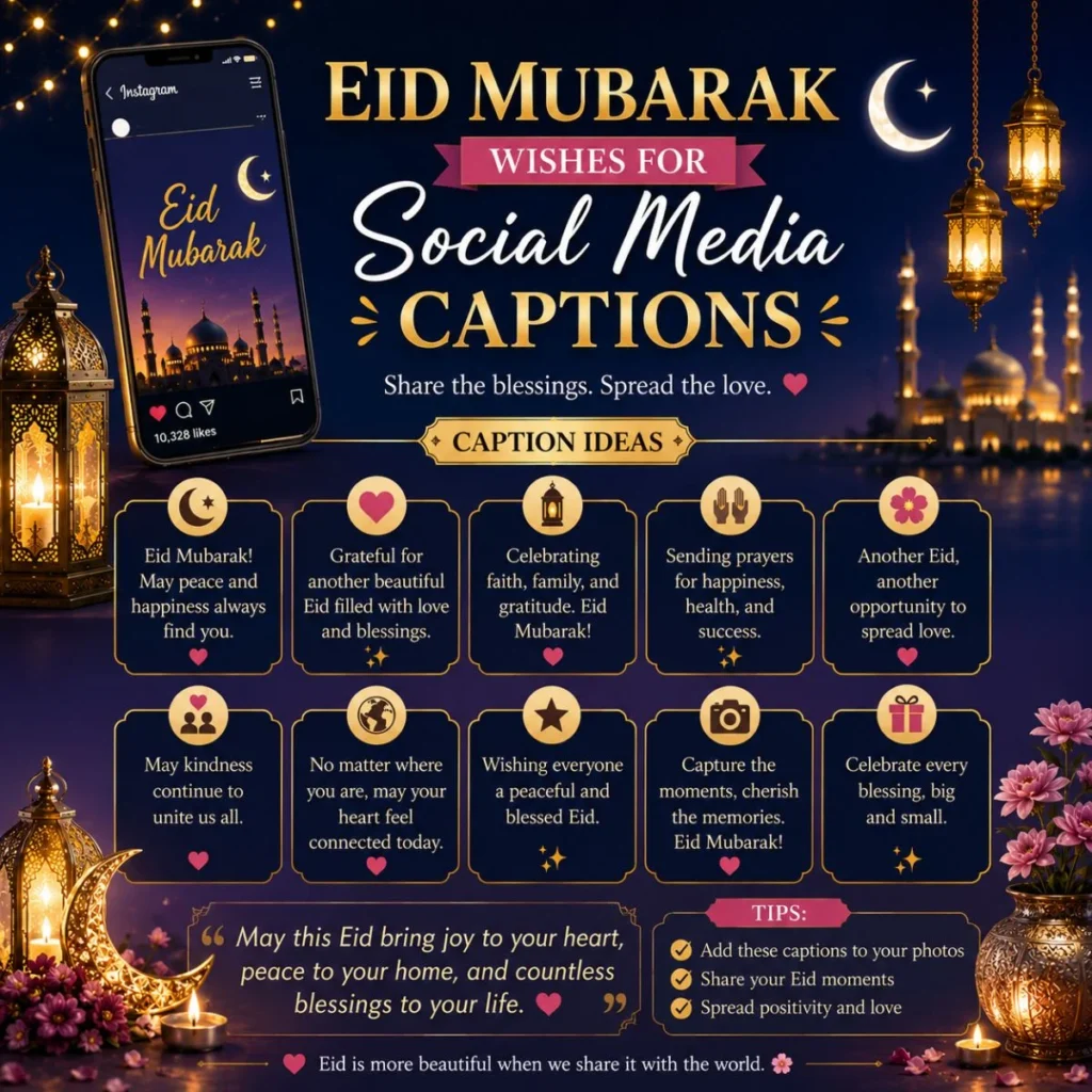 Eid Mubarak social media captions infographic with lanterns, crescent moon, phone mockup, and festive caption ideas