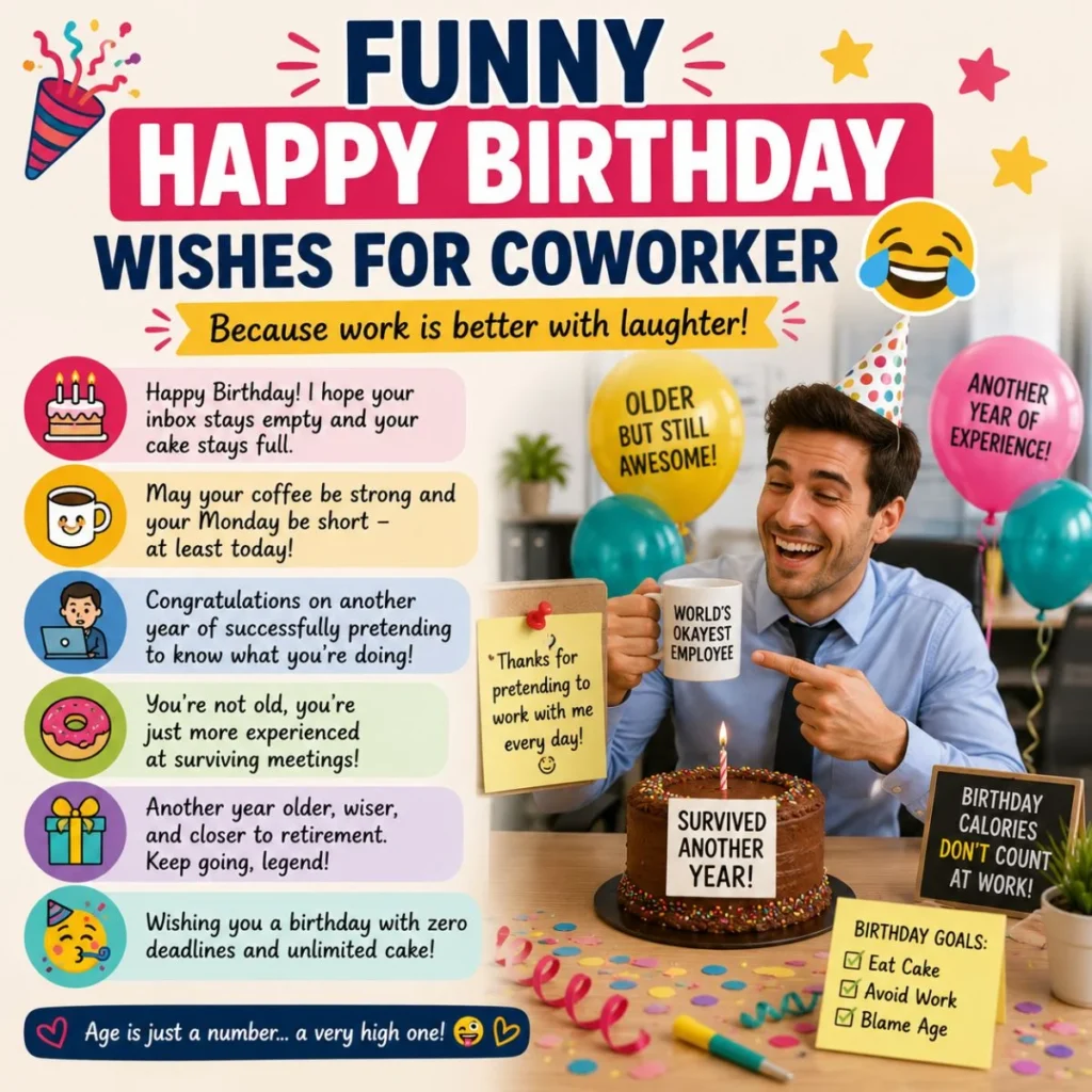 Funny happy birthday wishes for coworker with office cake, balloons, coffee mug, and humorous birthday celebration