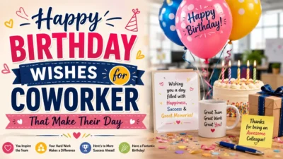 Happy birthday wishes for coworker with office cake, balloons, gifts, and heartfelt celebration for a colleague
