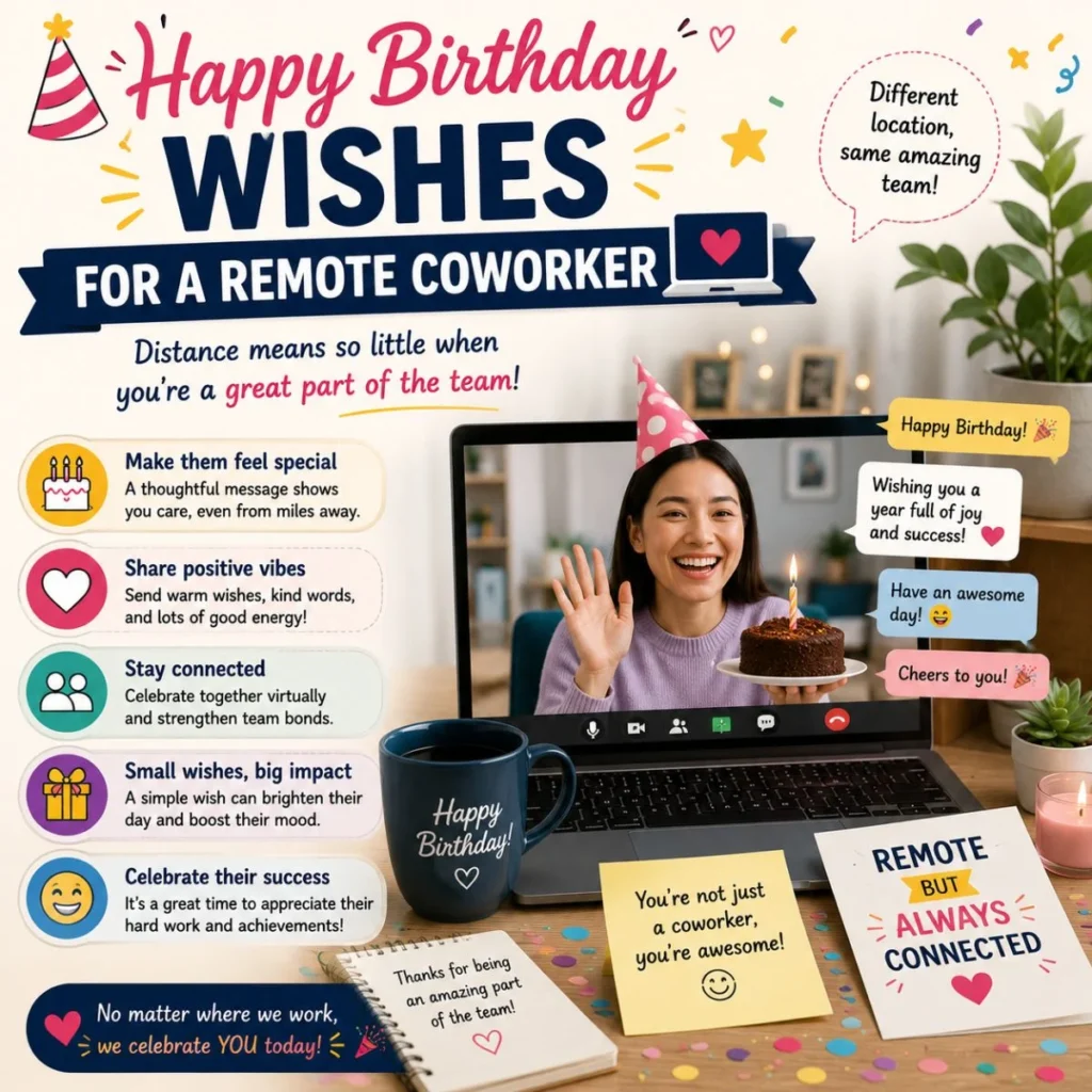 Happy birthday wishes for a remote coworker with virtual video call, birthday cake, and online office celebration