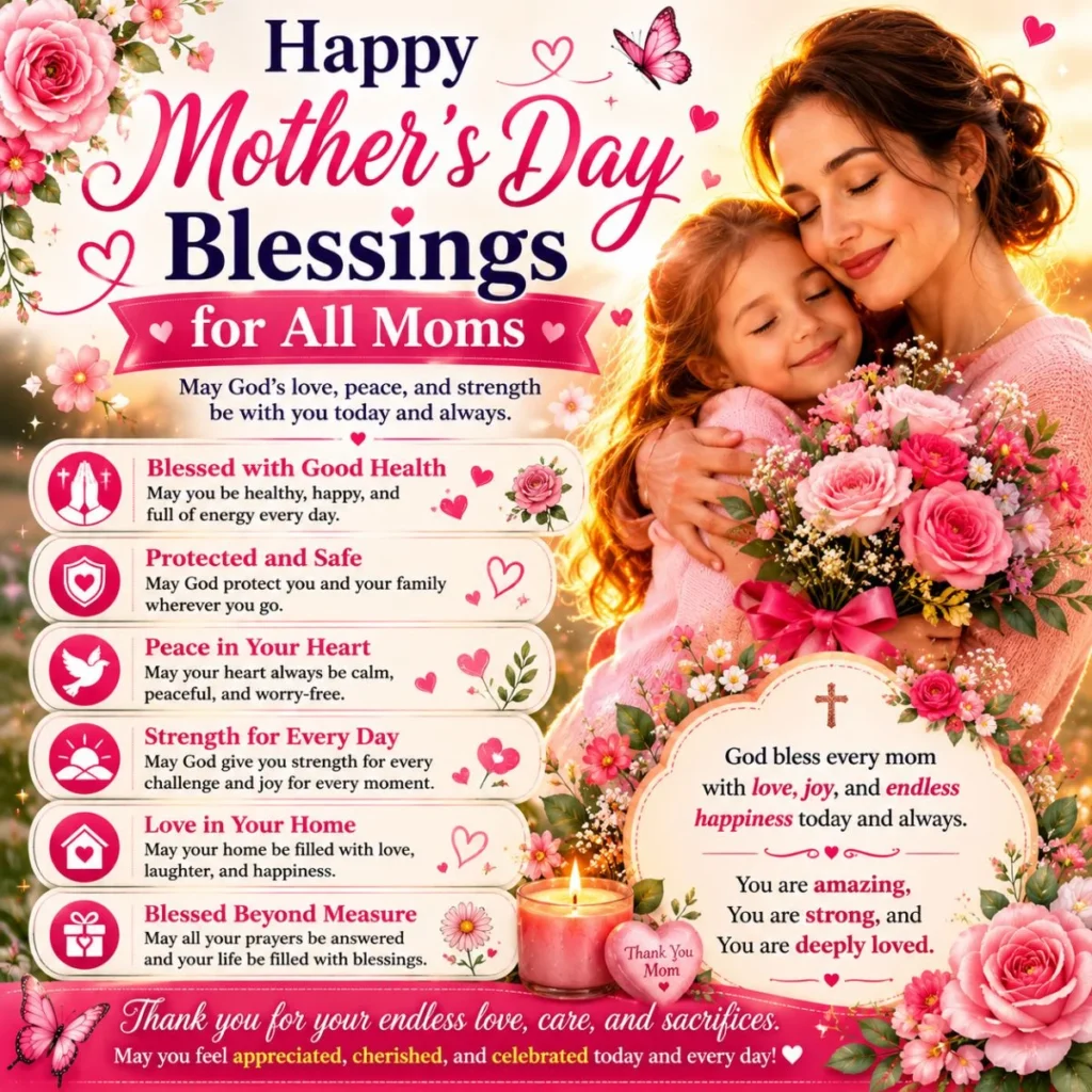 Mother and daughter with Happy Mother's Day blessings for all moms surrounded by pink flowers and heartfelt prayers