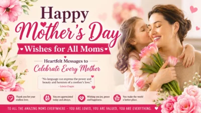 Mother and daughter sharing a loving moment with Happy Mother's Day wishes for all moms floral banner