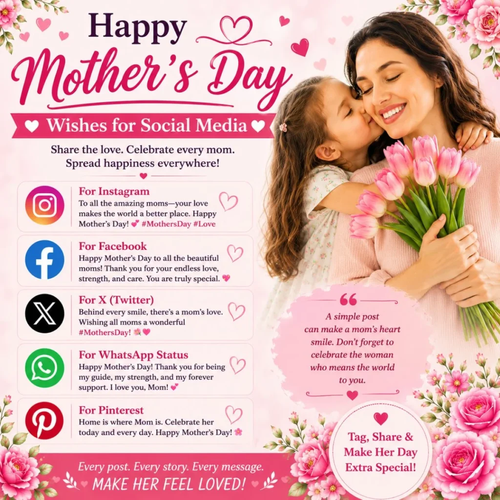 Mother and daughter with Happy Mother's Day wishes for social media surrounded by pink flowers and loving messages