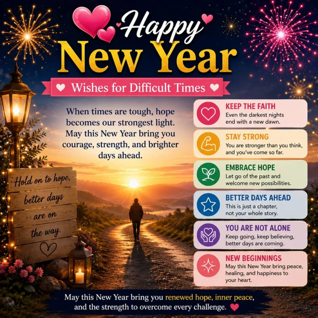 Happy New Year wishes for difficult times with sunrise, fireworks, and hopeful messages about strength and healing