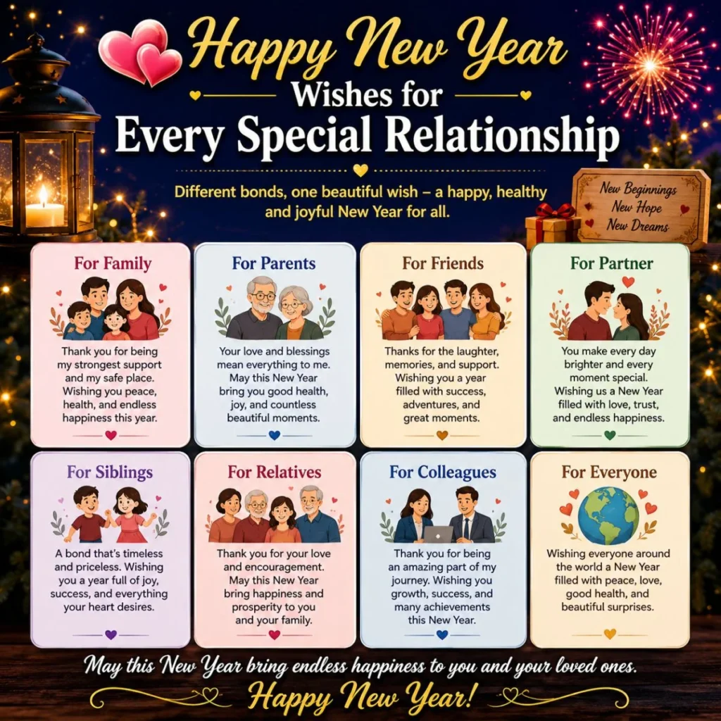 Happy New Year wishes for every special relationship infographic with family, friends, partner, and colleagues