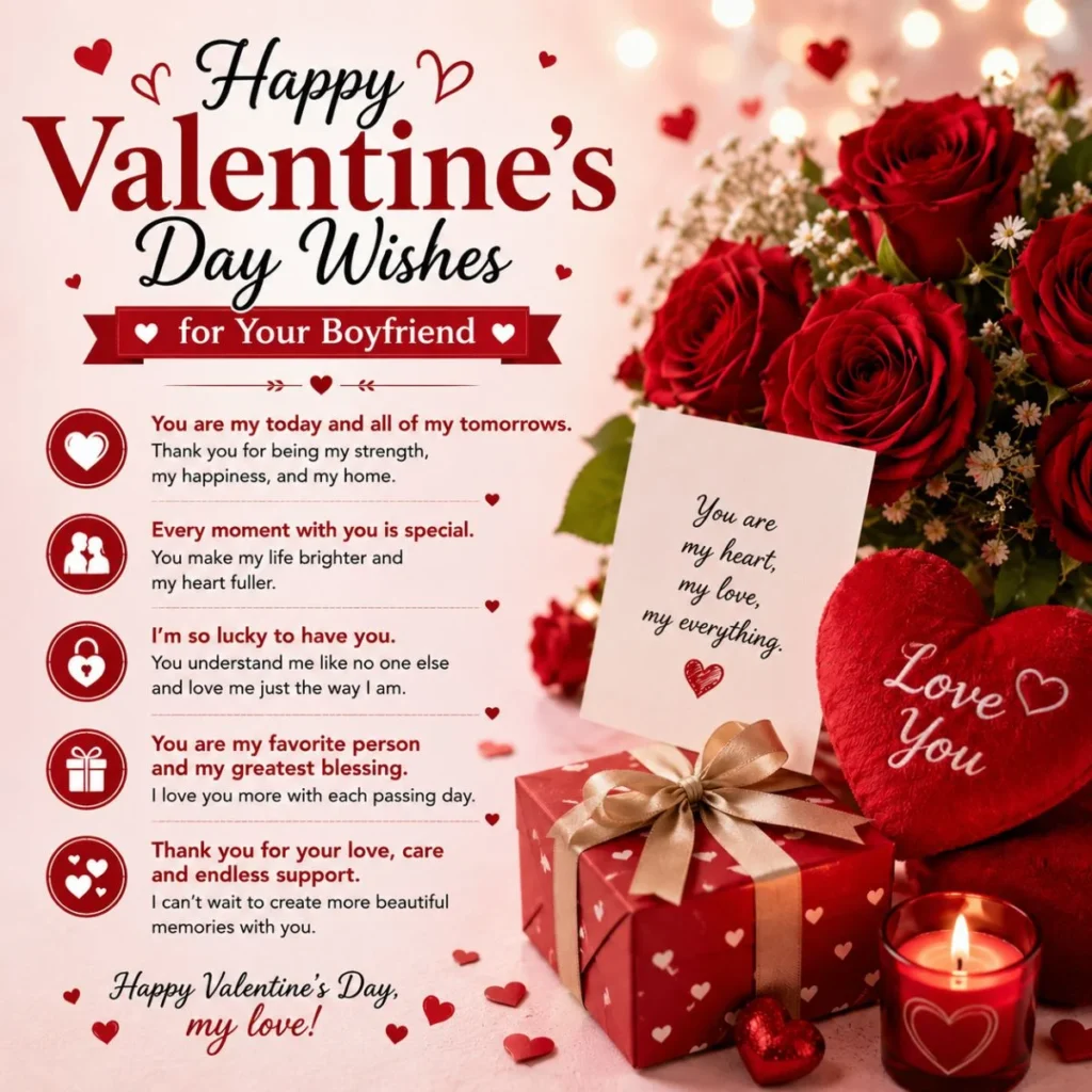 Happy Valentine's Day wishes for your boyfriend with red roses, heart gift, and romantic love message illustration