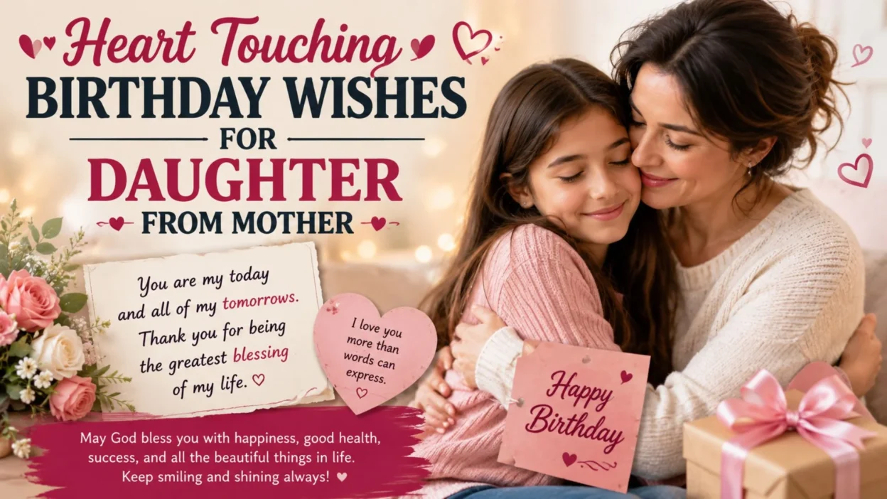 Mother hugging her daughter with heart touching birthday wishes, flowers, and a heartfelt birthday message full of love.