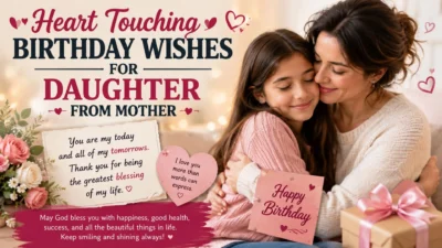 Mother hugging her daughter with heart touching birthday wishes, flowers, and a heartfelt birthday message full of love.