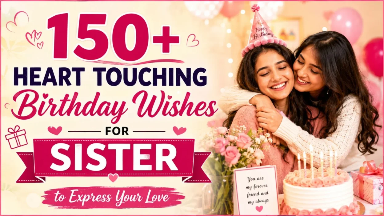 Heart touching birthday wishes for sister image with two sisters celebrating a birthday with cake, flowers, and heartfelt love