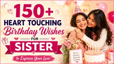 Heart touching birthday wishes for sister image with two sisters celebrating a birthday with cake, flowers, and heartfelt love