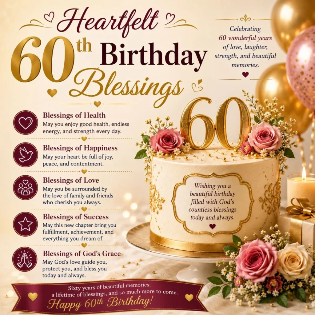 Heartfelt 60th birthday blessings with elegant cake, roses, balloons, and inspiring wishes for a meaningful celebration