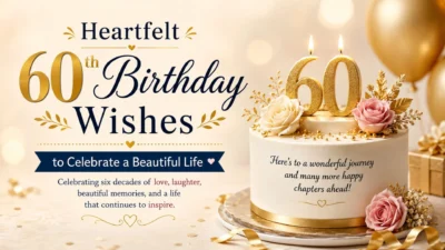 Heartfelt 60th birthday wishes with elegant gold cake, roses, balloons, and a beautiful celebration theme