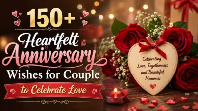Heartfelt anniversary wishes for couple with romantic roses, candles, and love-themed celebration