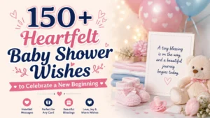 Baby shower wishes featured image with teddy bear, baby shoes, balloons, and heartfelt messages for parents-to-be