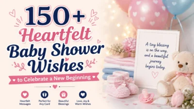Baby shower wishes featured image with teddy bear, baby shoes, balloons, and heartfelt messages for parents-to-be