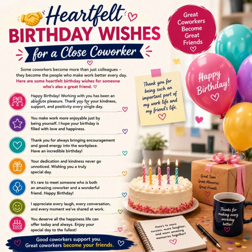 Heartfelt birthday wishes for a close coworker with cake, balloons, gifts, and friendship-themed office celebration