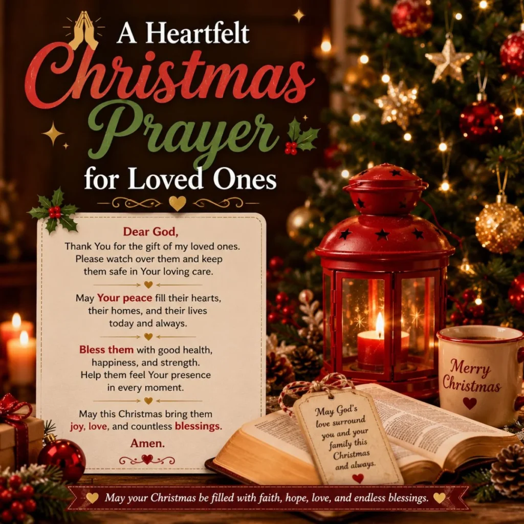 Heartfelt Christmas prayer for loved ones with Bible, glowing lantern, Christmas tree, and peaceful holiday decorations
