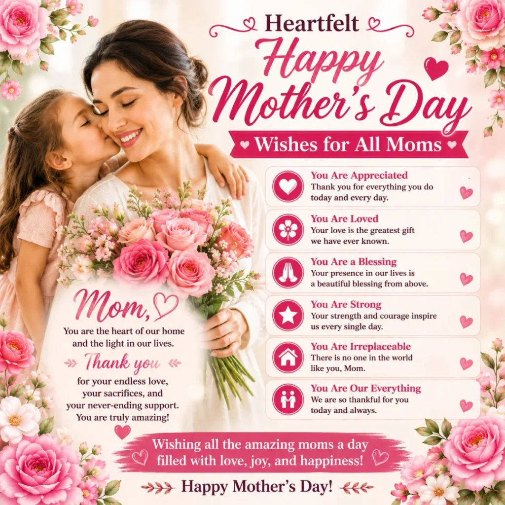 Mother and daughter sharing heartfelt Happy Mother's Day wishes for all moms with pink flowers and loving messages