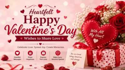 Heartfelt Happy Valentine's Day wishes with red roses, heart gift, and romantic decorations to celebrate love and affection