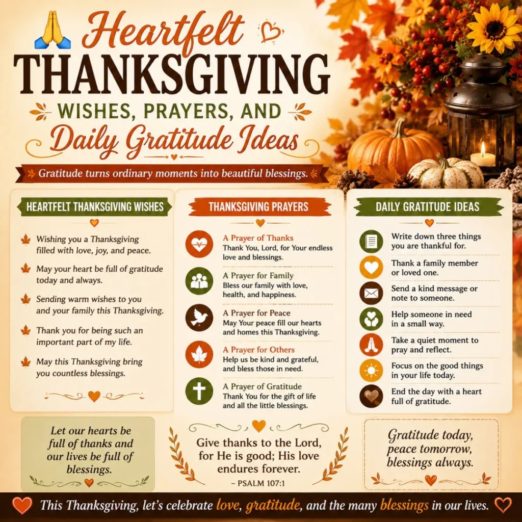 Thanksgiving infographic with heartfelt wishes, prayers, and daily gratitude ideas surrounded by pumpkins and autumn leaves