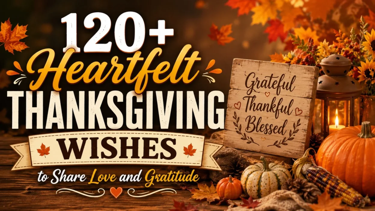 Cozy Thanksgiving banner with pumpkins, autumn leaves, and heartfelt Thanksgiving wishes to share love and gratitude