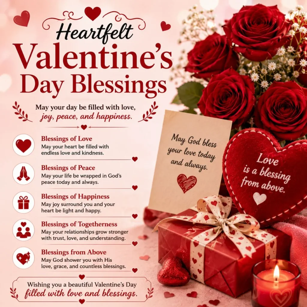 Heartfelt Valentine's Day blessings with red roses, heart gift, candle, and loving messages for peace, joy, and love.