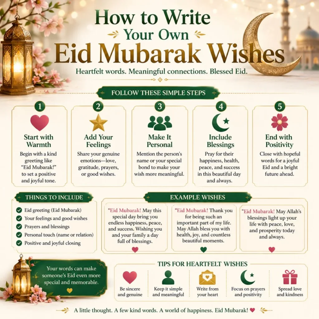 How to write your own Eid Mubarak wishes infographic with step-by-step tips, lanterns, crescent moon, and examples