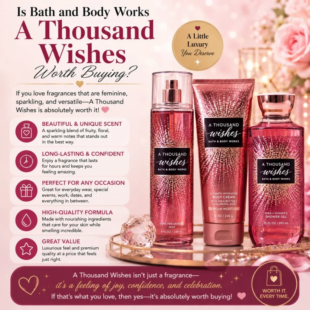 Is Bath and Body Works A Thousand Wishes worth buying? Fragrance mist, body cream, and shower gel with product highlights