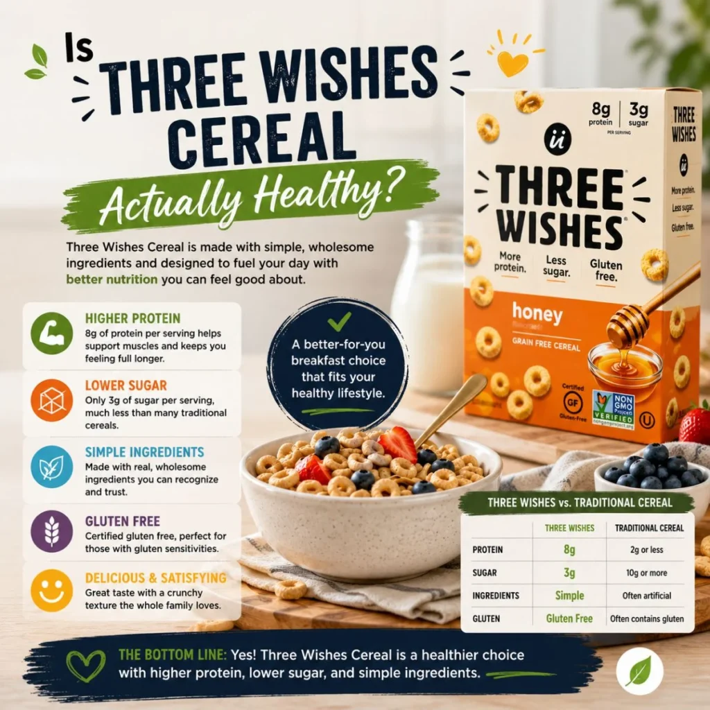 Infographic showing if Three Wishes Cereal is healthy with protein, low sugar, gluten-free, and ingredient benefits
